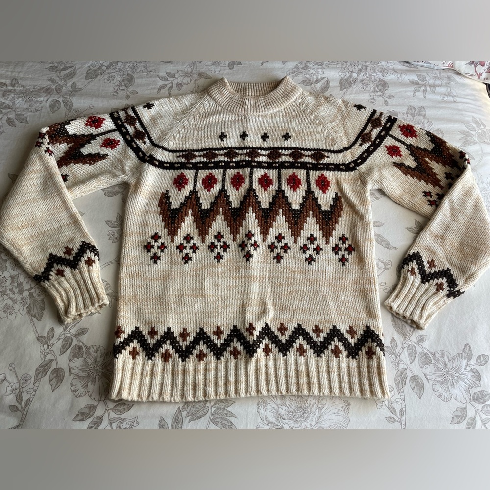 Vintage Mens Cream Red Fair Isle Grandpa Sweater‎ Medium Acrylic 90s Old Money